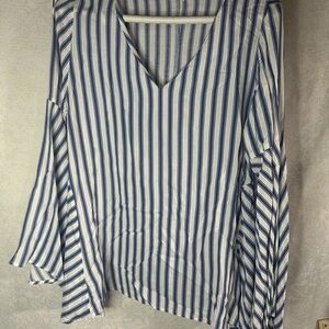 Keren Hart Bubble Sleeve V Neck Blouse Blue And White Stripe Size Medium